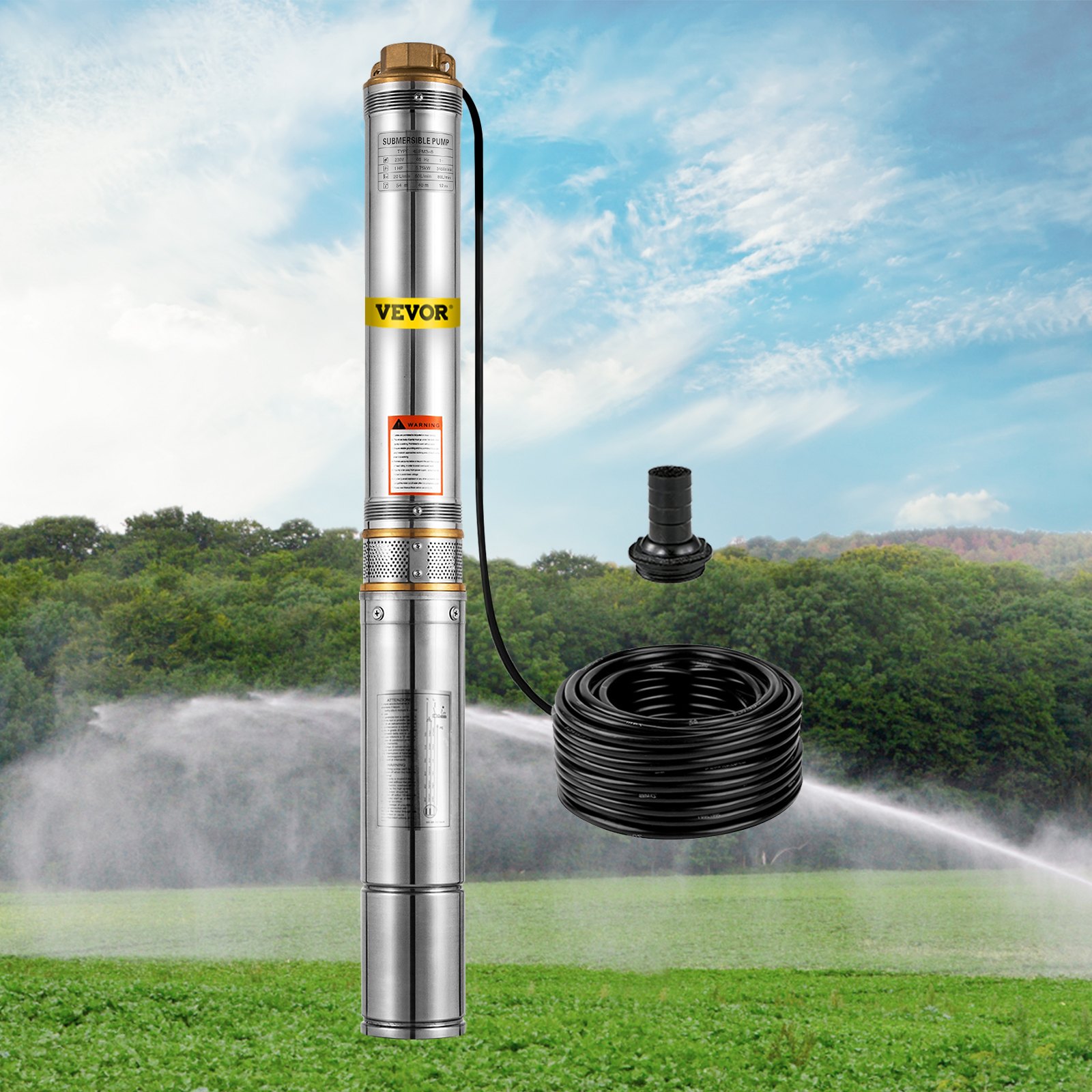 VEVOR Bomba de Pozo Profundo Motor de 750 W Bomba Sumergible para Pozo 110 V 60 Hz Bomba de Agua Sumergible para Pozos Flujo Máximo de 33 GPM Bomba para Pozos para Tierras de Cultivo Fábricas Minas