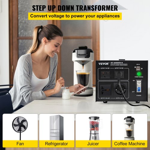 Transformador convertidor de voltaje VEVOR, convertidor de transformador ascendente/descendente de alta resistencia de 2000 W (240 V a 110 V, 110 V a 240 V), 2 salidas universales de EE. UU., 1 Reino Unido y 1 con protección contra rotura de circuito, puerto USB de 5 V, certificado CE