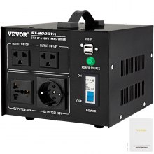 Transformador convertidor de voltaje VEVOR, convertidor de transformador ascendente/descendente de alta resistencia de 2000 W (240 V a 110 V, 110 V a 240 V), 2 salidas universales de EE. UU., 1 Reino Unido y 1 con protección contra rotura de circuito, puerto USB de 5 V, certificado CE
