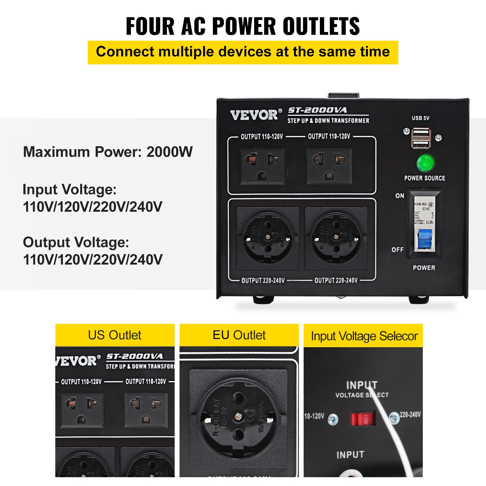VEVOR Transformador Eléctrico De Voltaje convertidor de voltaje convertidor de transformador ascendente/descendente de alta resistencia de 2000 W
