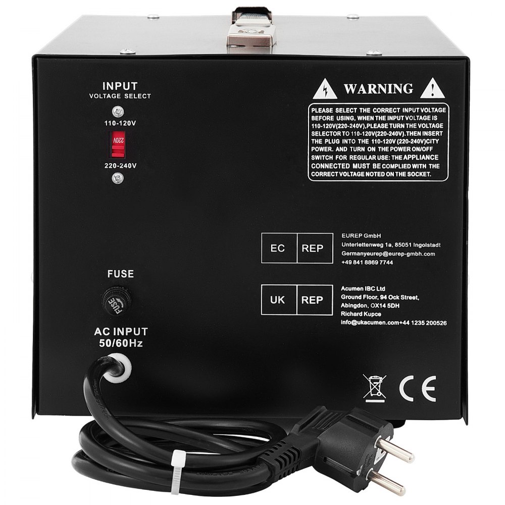 Vista posterior del convertidor de voltaje VEVOR con opciones de entrada, fusible, entrada de CA, etiqueta de advertencia y cable de alimentación.