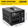 Convertidor de voltaje VEVOR st-5000va con tomas de corriente, puerto usb y medidas (22x26x21 cm).