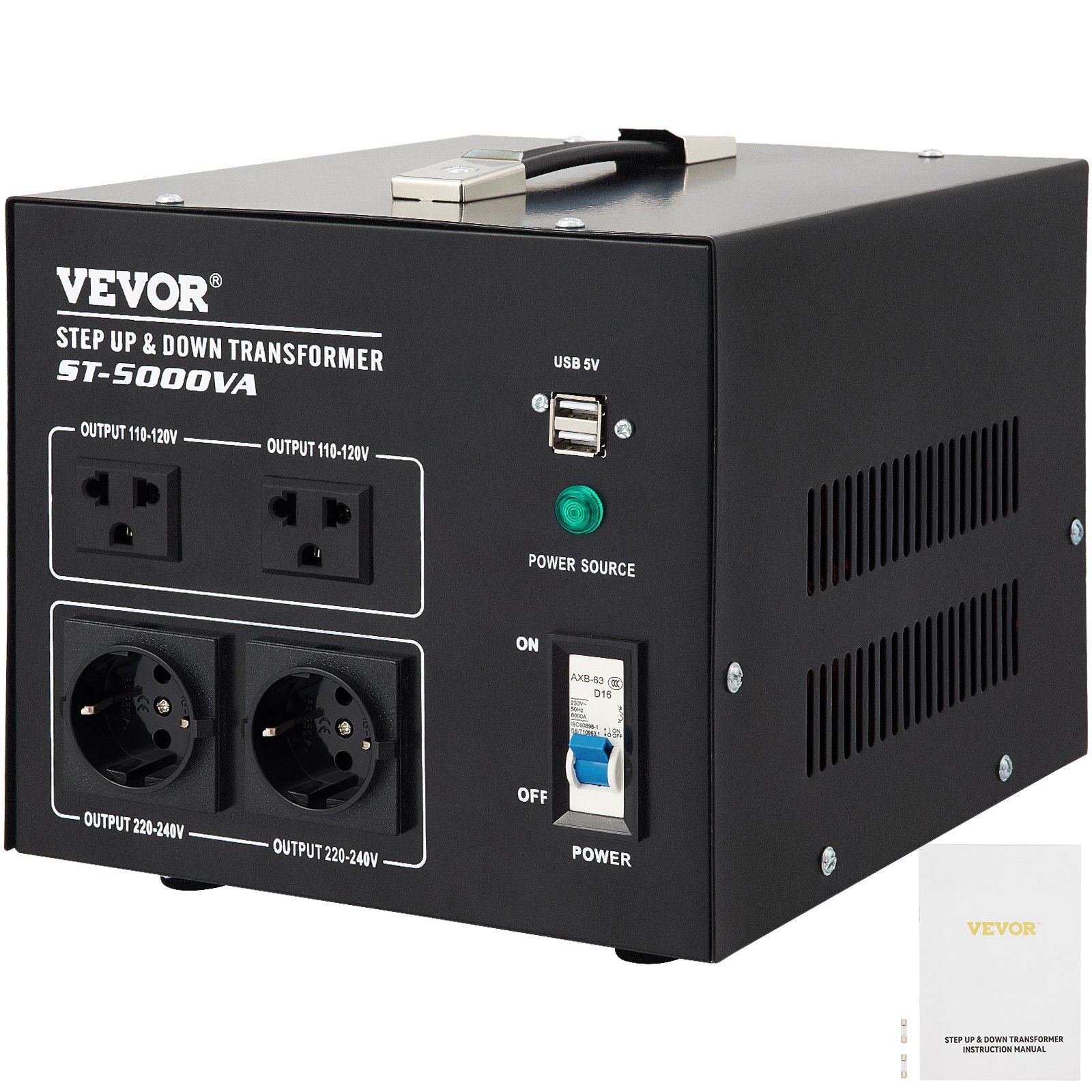 Convertidor de voltaje VEVOR, transformador elevador y reductor st-5000va con puertos USB y múltiples salidas.