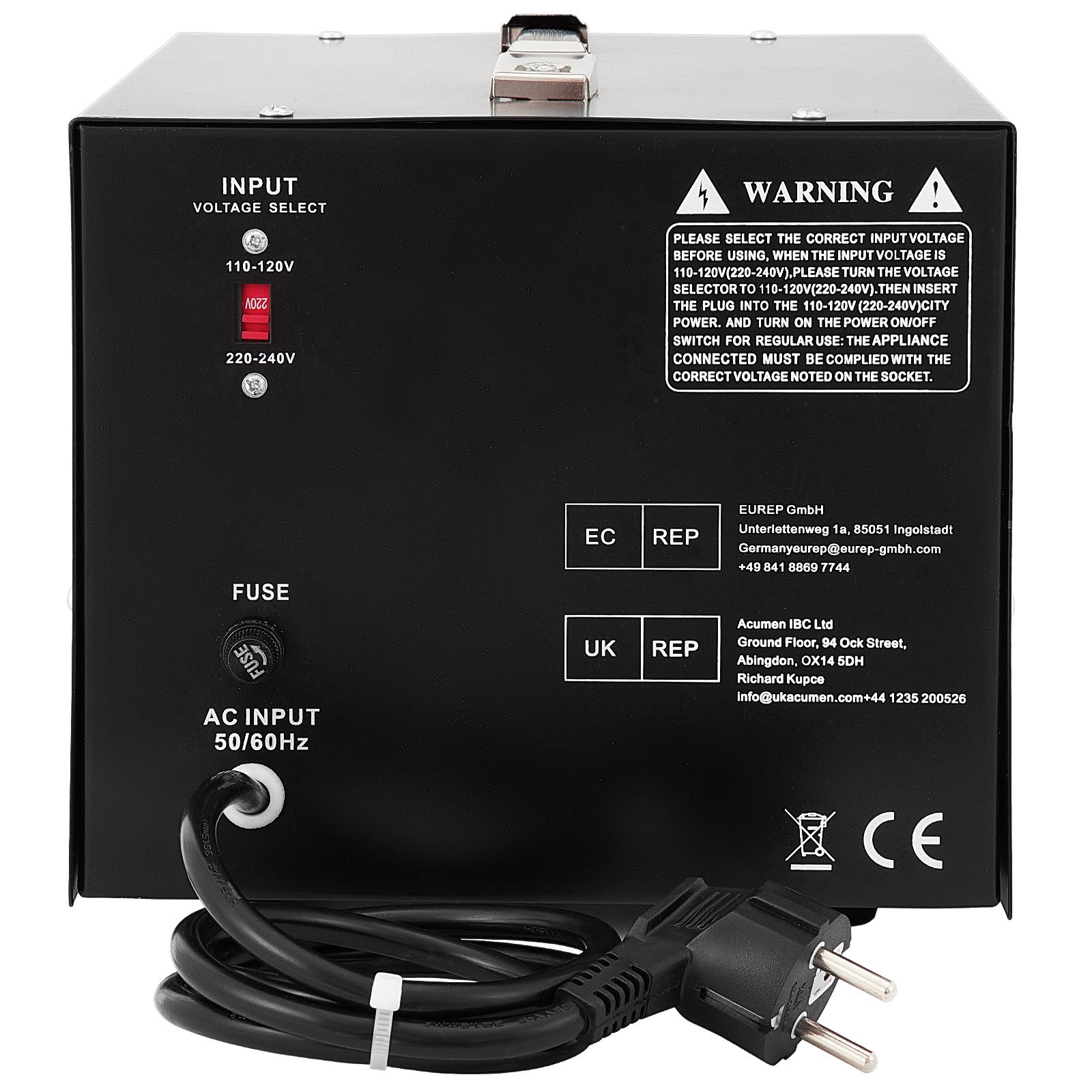 Vista posterior del convertidor de voltaje VEVOR con opciones de entrada, fusible, entrada de CA, etiqueta de advertencia y cable de alimentación.