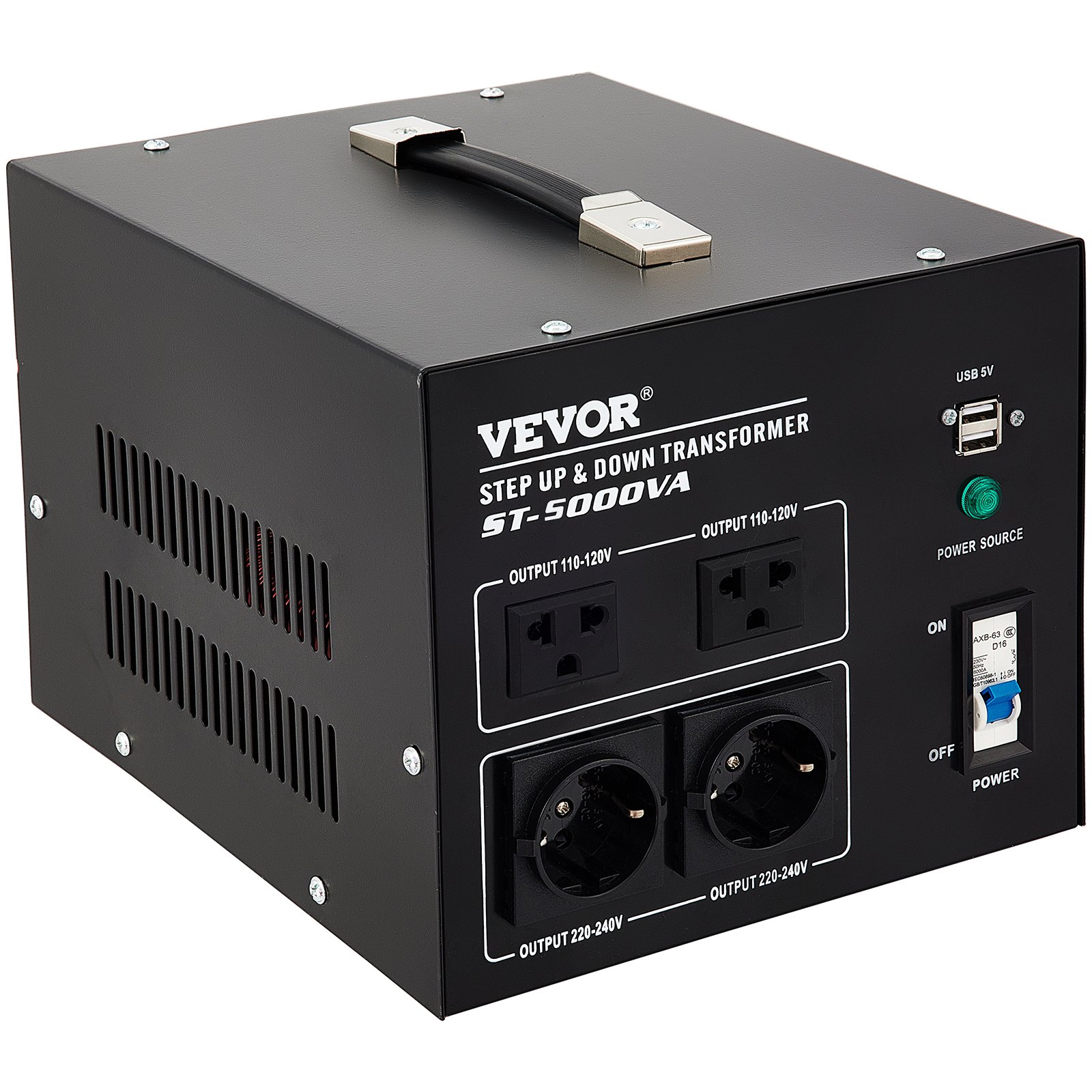 Convertidor de voltaje VEVOR st-5000va con múltiples tomas de salida, puerto USB e interruptor de encendido.