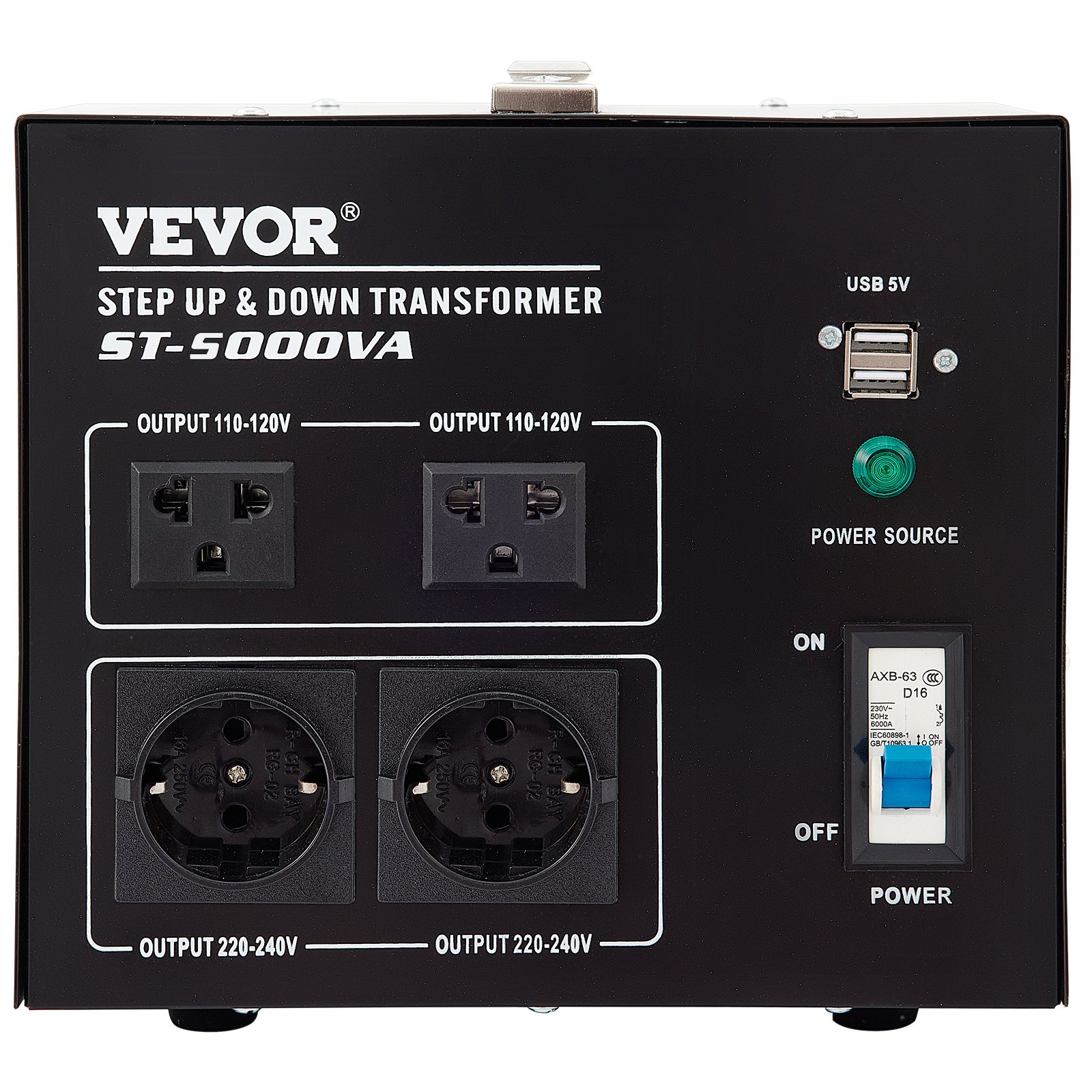 Convertidor de voltaje VEVOR st-5000va con múltiples tomas de salida y puertos usb.