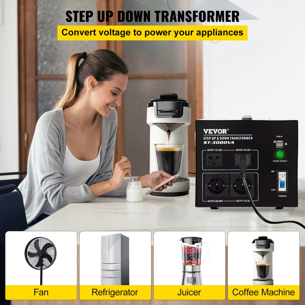 Convertidor de voltaje VEVOR que alimenta cafetera, ventilador, refrigerador y exprimidor en una cocina.