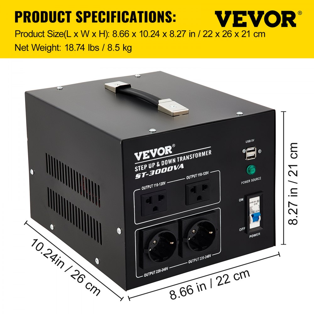 Convertidor de voltaje VEVOR, transformador elevador y reductor, st-3000va, dimensiones y especificaciones de puertos.
