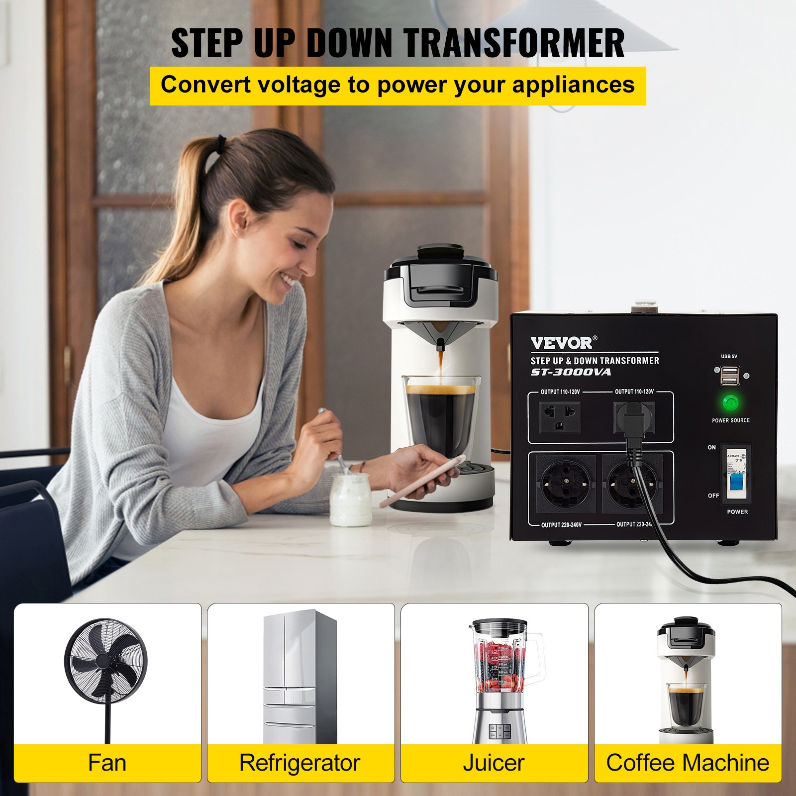 Convertidor de voltaje VEVOR que alimenta cafetera, ventilador, refrigerador y exprimidor en una cocina.