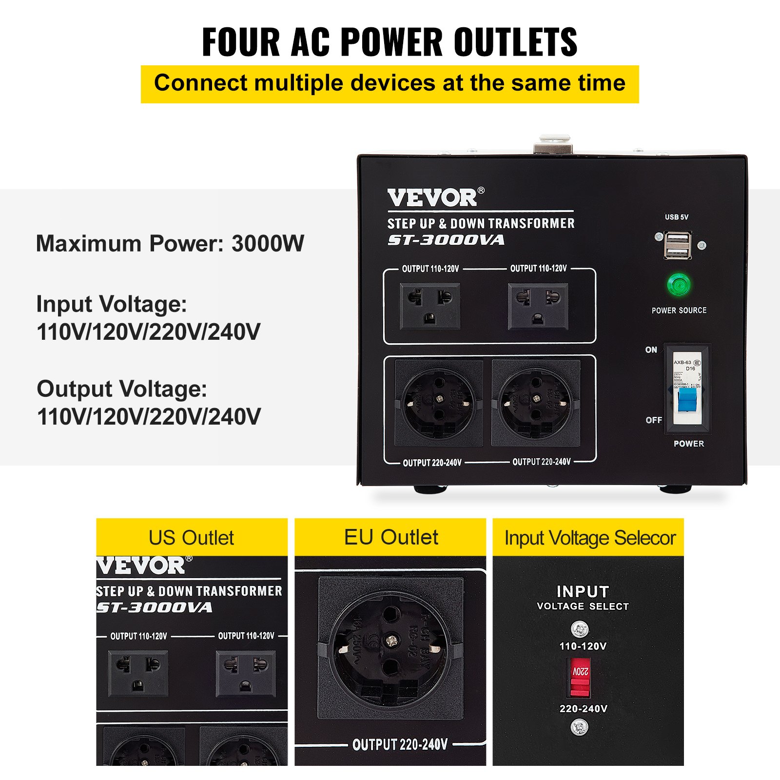 Convertidor de voltaje VEVOR con cuatro salidas de CA, 3000 W de potencia y múltiples opciones de voltaje (110/120/220/240 V).