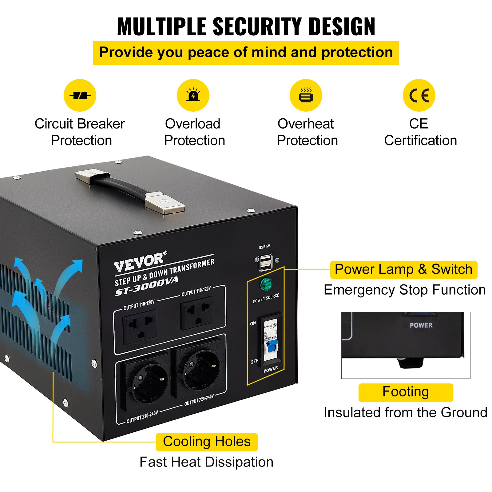 Convertidor de voltaje VEVOR con múltiples funciones de seguridad, que incluyen disyuntor, sobrecarga y protección contra sobrecalentamiento.
