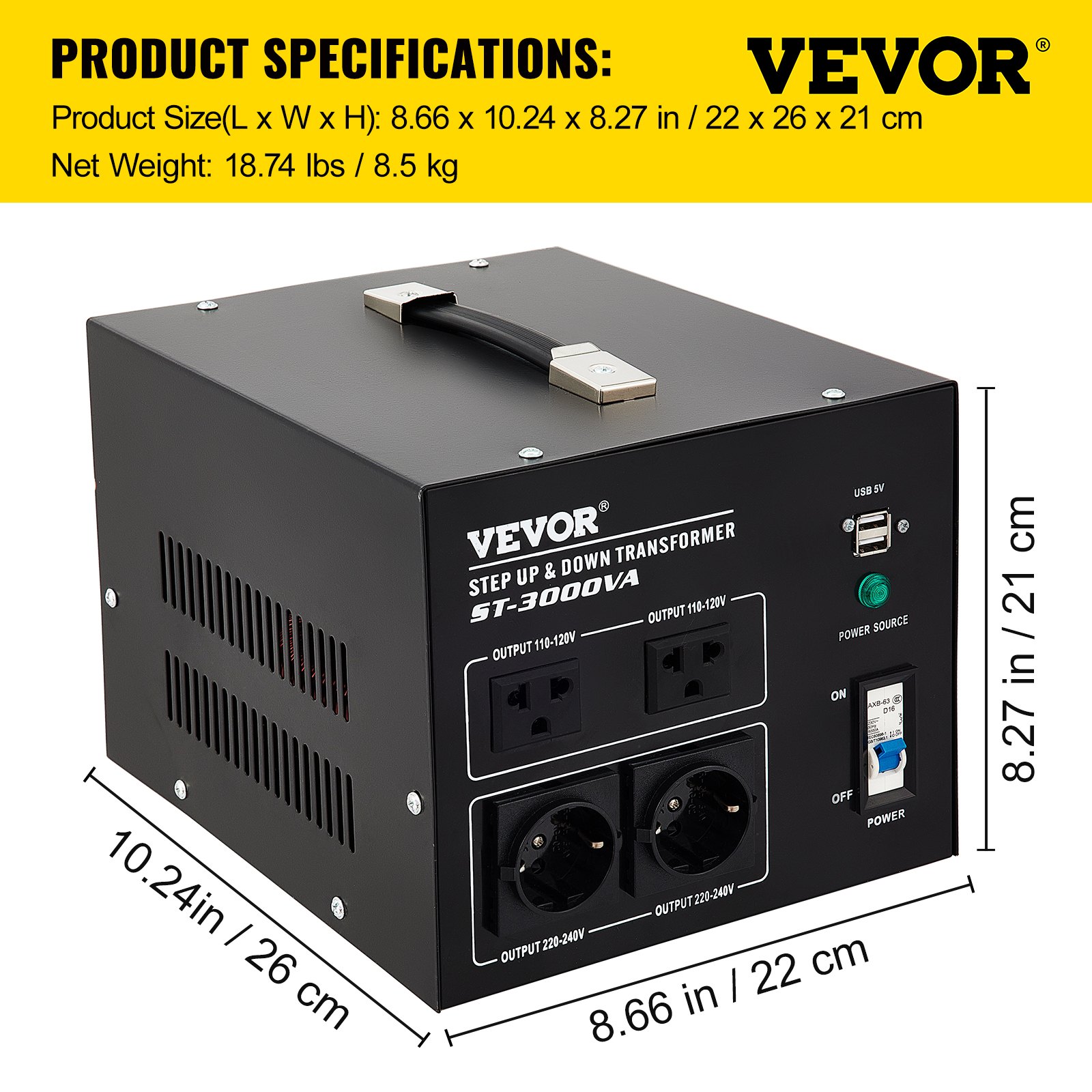 Convertidor de voltaje VEVOR, transformador elevador y reductor, st-3000va, dimensiones y especificaciones de puertos.