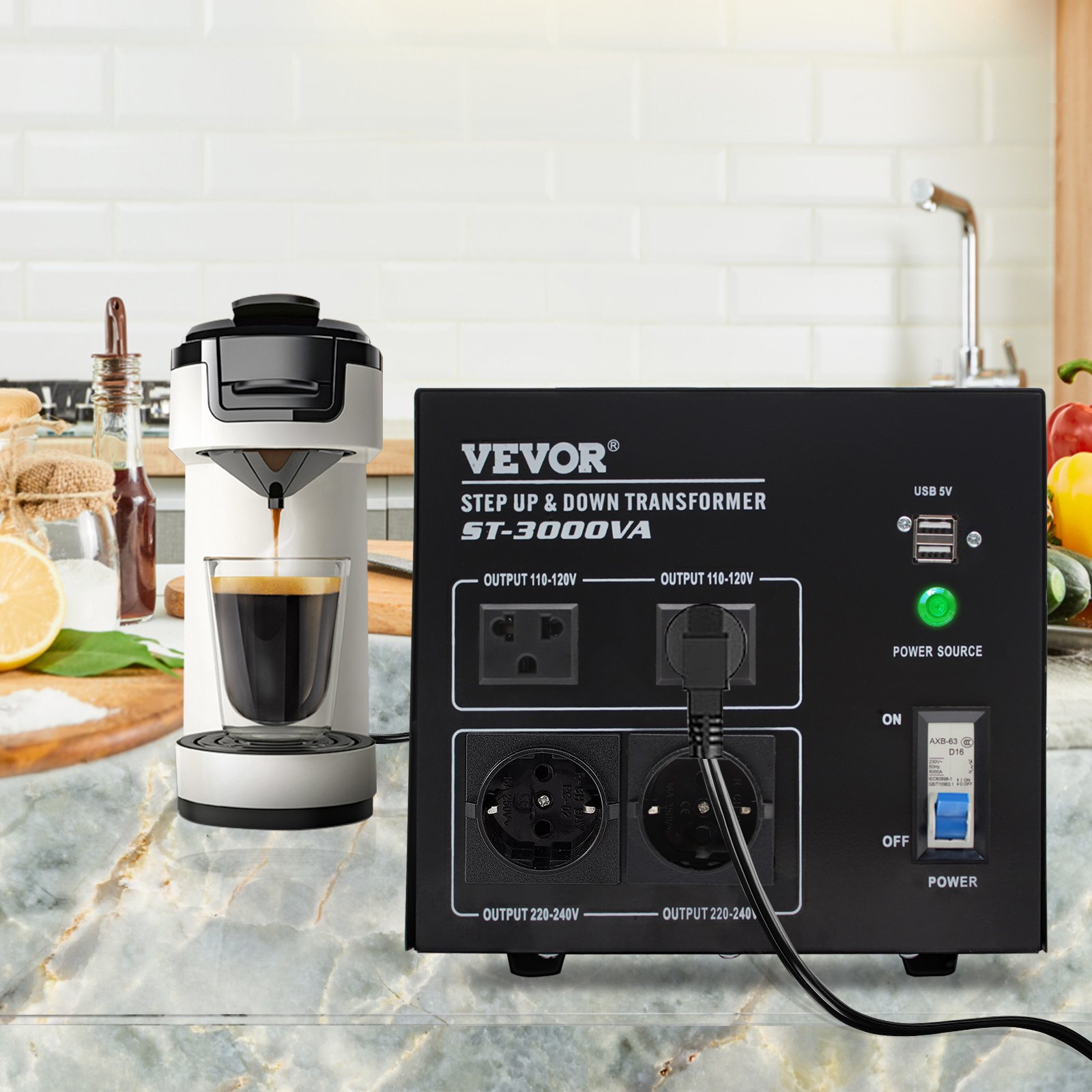Convertidor de voltaje VEVOR st-3000va sobre encimera de cocina con cafetera al fondo.