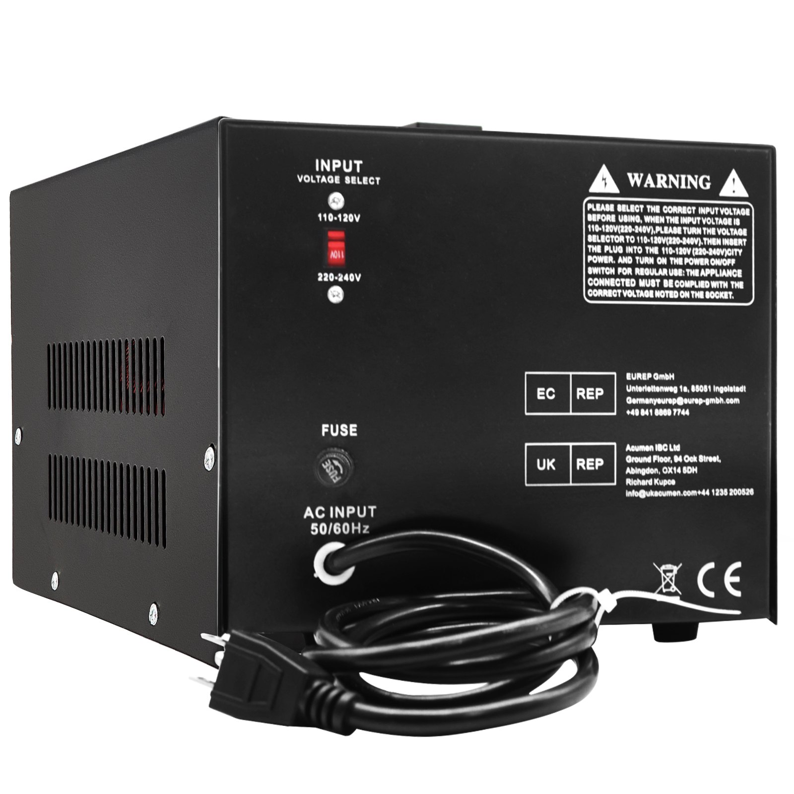 Convertidor de voltaje VEVOR negro con selección de voltaje de entrada, etiquetas de advertencia, fusible y cable de entrada de CA.