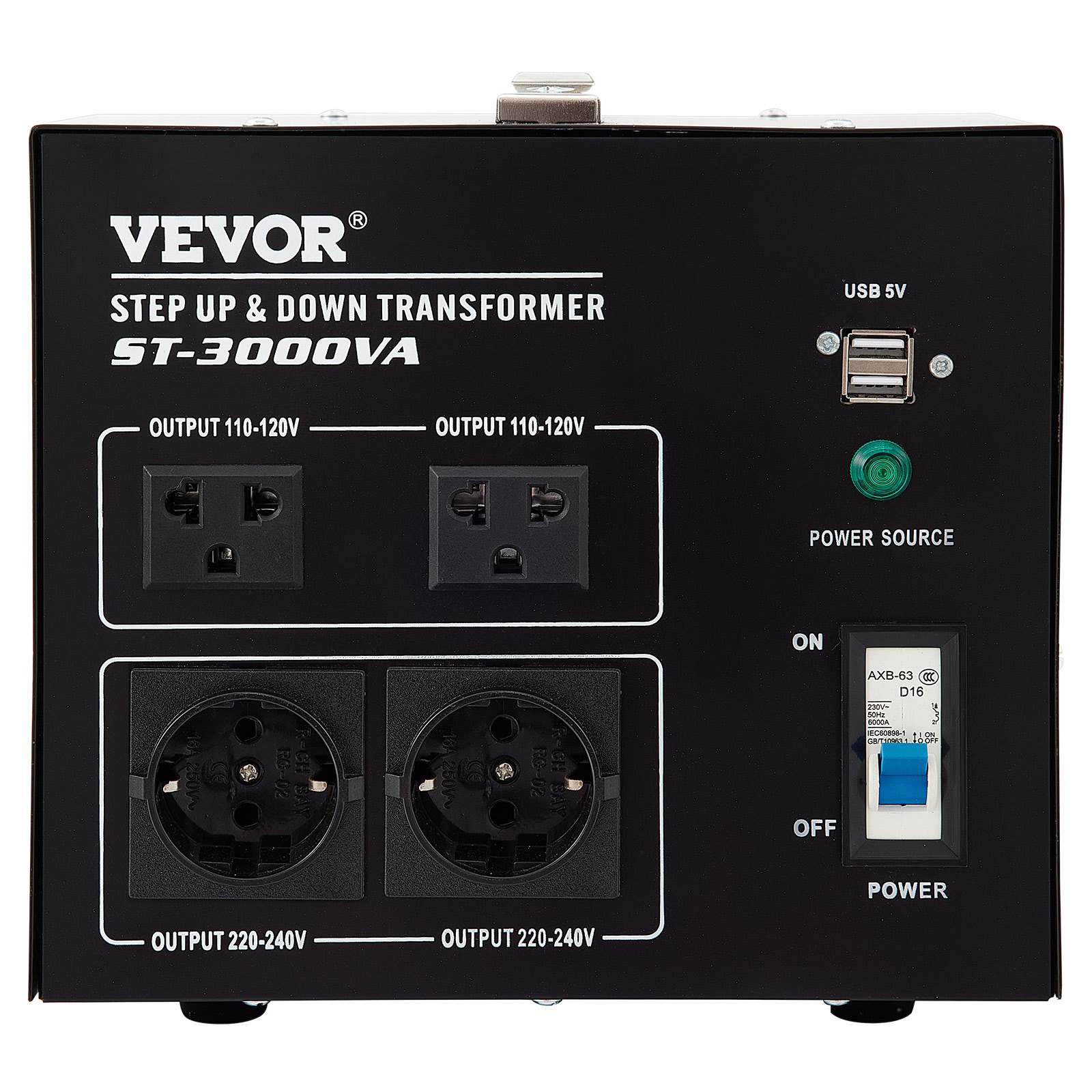 Convertidor de voltaje VEVOR con puertos USB, interruptor de encendido y múltiples opciones de salida para varios voltajes.