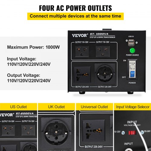 Transformador convertidor de voltaje VEVOR, convertidor de transformador ascendente/descendente de alta resistencia de 1000 W (240 V a 110 V, 110 V a 240 V), 2 salidas universales de EE. UU. y 1 Reino Unido y 1 con protección contra rotura de circuito, puerto USB de 5 V, certificado CE