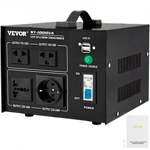 Transformador convertidor de voltaje VEVOR, convertidor de transformador ascendente/descendente de alta resistencia de 1000 W (240 V a 110 V, 110 V a 240 V), 2 salidas universales de EE. UU. y 1 Reino Unido y 1 con protección contra rotura de circuito, puerto USB de 5 V, certificado CE