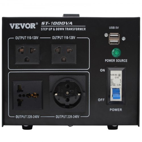 Transformador convertidor de voltaje VEVOR, convertidor de transformador ascendente/descendente de alta resistencia de 1000 W (240 V a 110 V, 110 V a 240 V), 2 salidas universales de EE. UU. y 1 Reino Unido y 1 con protección contra rotura de circuito, puerto USB de 5 V, certificado CE