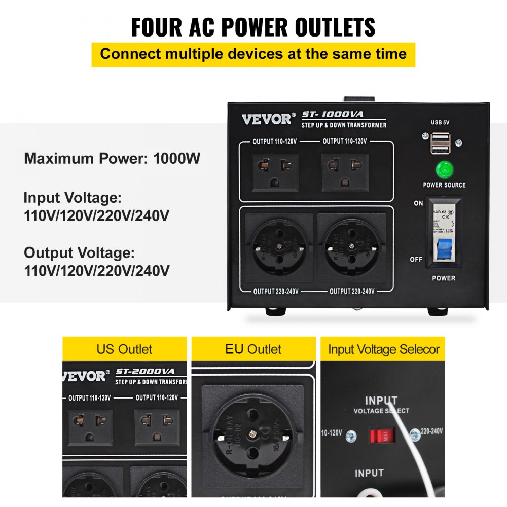 VEVOR Transformador Eléctrico De Voltaje convertidor de voltaje convertidor de transformador ascendente/descendente de alta resistencia de 1000 W