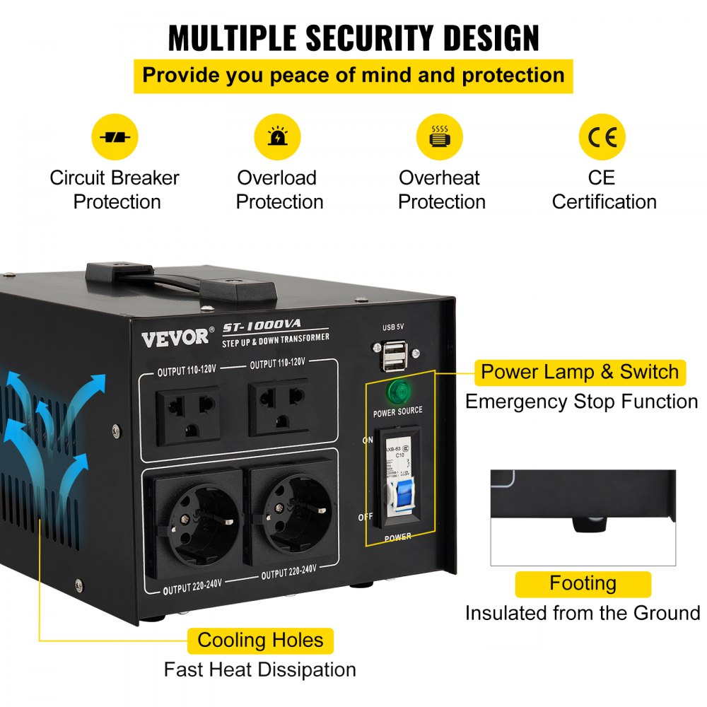 VEVOR Transformador Eléctrico De Voltaje convertidor de voltaje convertidor de transformador ascendente/descendente de alta resistencia de 1000 W