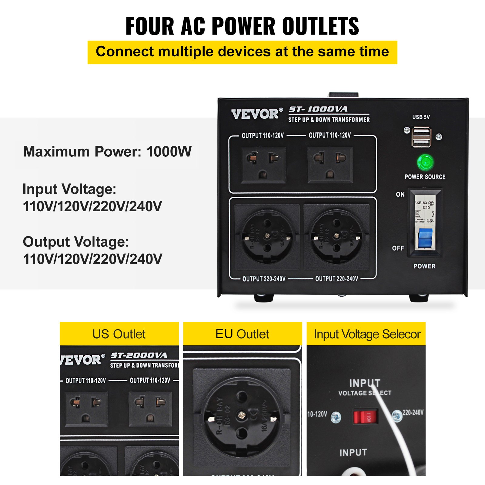 VEVOR Transformador Eléctrico De Voltaje convertidor de voltaje convertidor de transformador ascendente/descendente de alta resistencia de 1000 W
