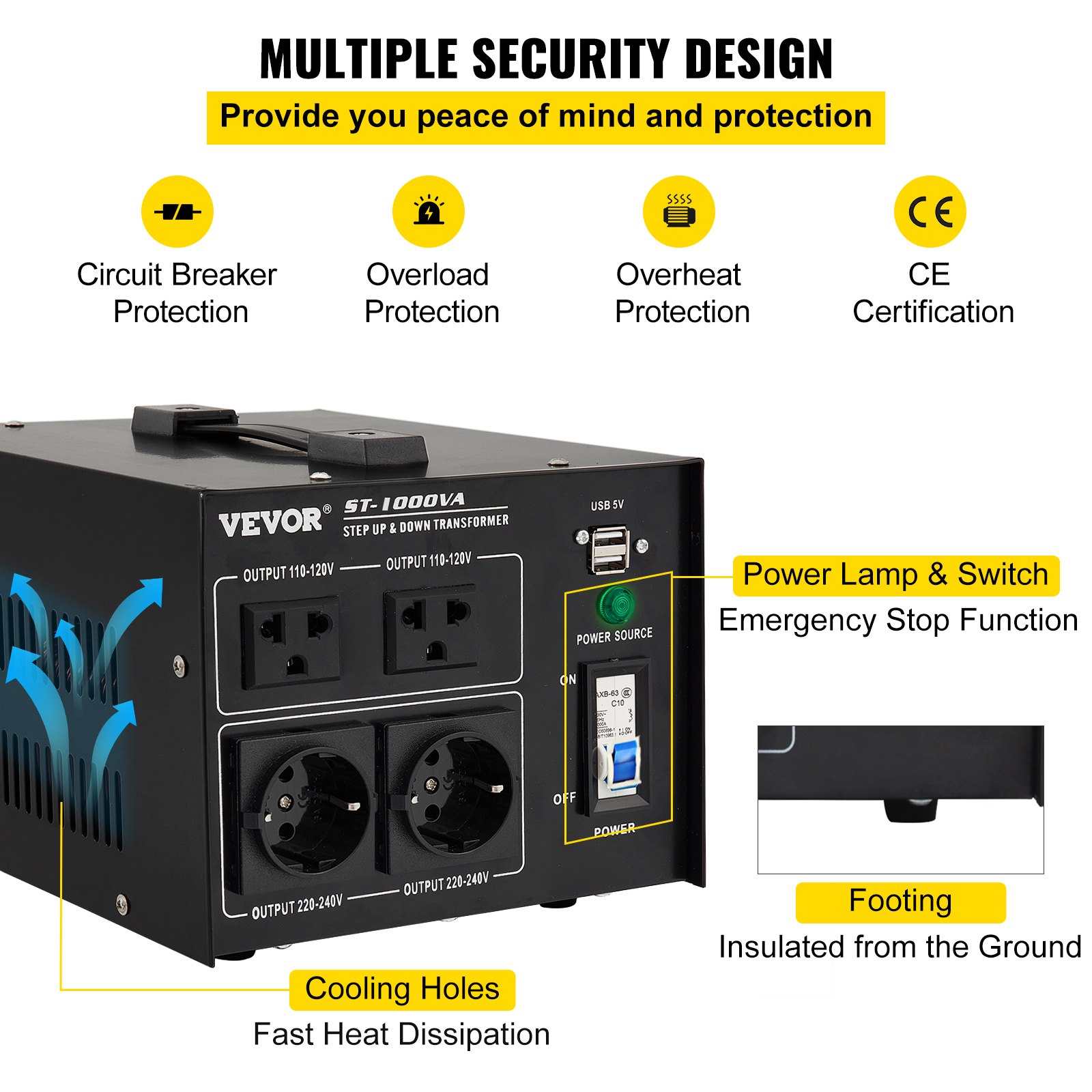 VEVOR Transformador Eléctrico De Voltaje convertidor de voltaje convertidor de transformador ascendente/descendente de alta resistencia de 1000 W