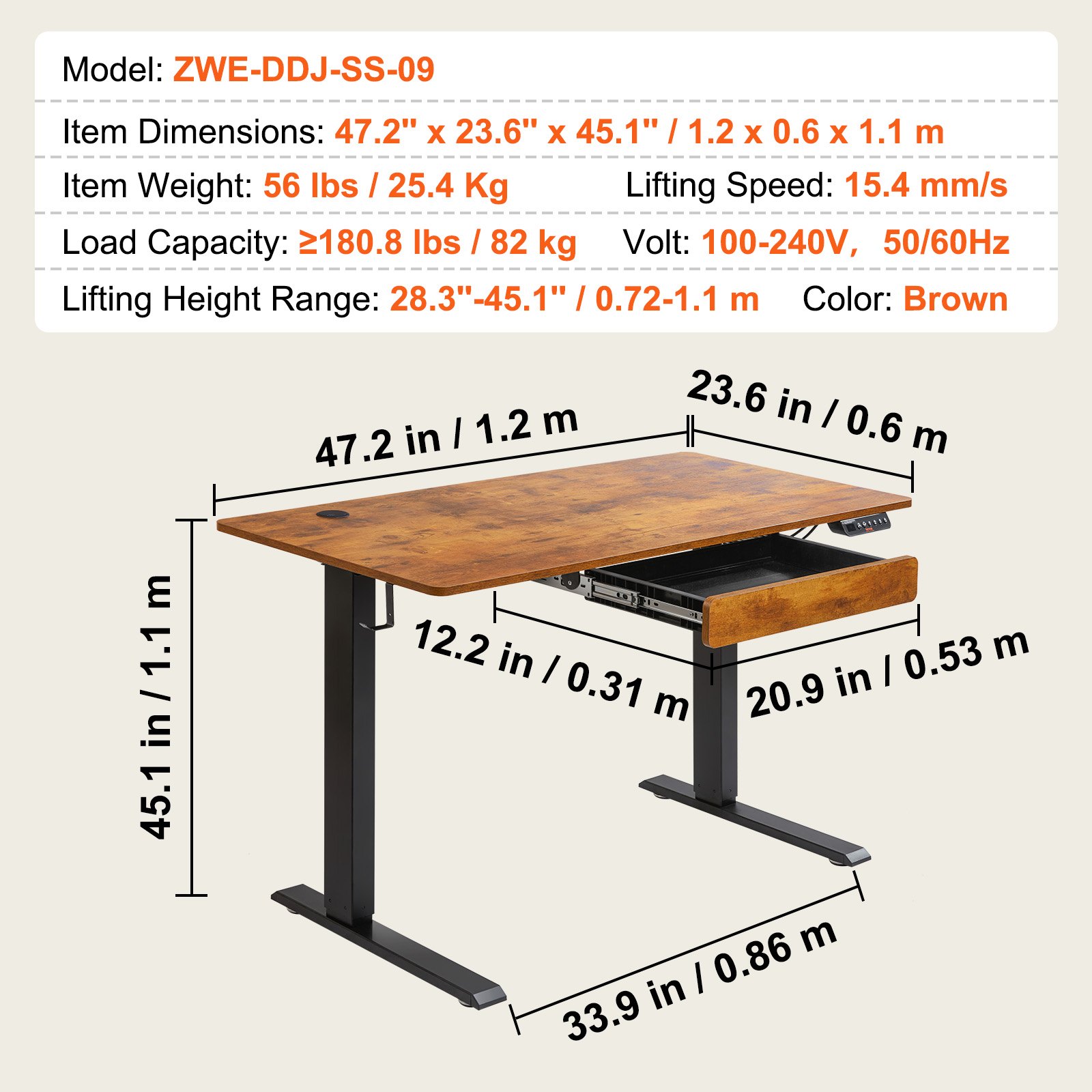 VEVOR Escritorio de altura ajustable, 47.2 x 23.6 pulgadas con cajón, escritorio de pie eléctrico de 3 modos clave, tablero de escritorio de pieza completa, marco de metal doble, escritorio de pie para computadora con capacidad de 180 libras, para el hogar y la oficina