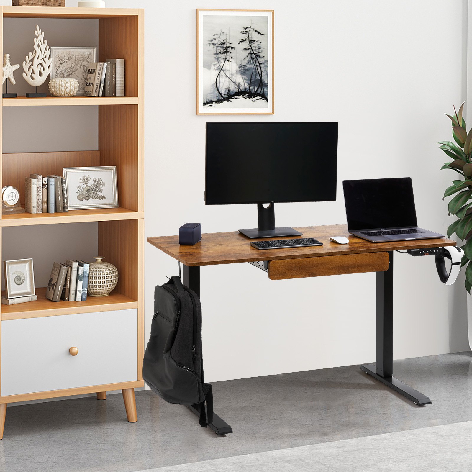 VEVOR Escritorio de altura ajustable, 47.2 x 23.6 pulgadas con cajón, escritorio de pie eléctrico de 3 modos clave, tablero de escritorio de pieza completa, marco de metal doble, escritorio de pie para computadora con capacidad de 180 libras, para el hogar y la oficina