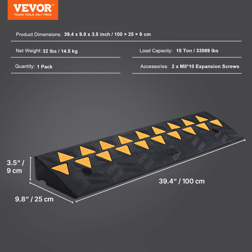 VEVOR Rampa de Goma para Aceras 100 x 25 x 9,4 cm Rampa de Entrada para Aceras Rampa de Goma Resistente 15 T para Carretillas Elevadoras, Camiones, Automóviles, Sillas de Ruedas, Bicicletas