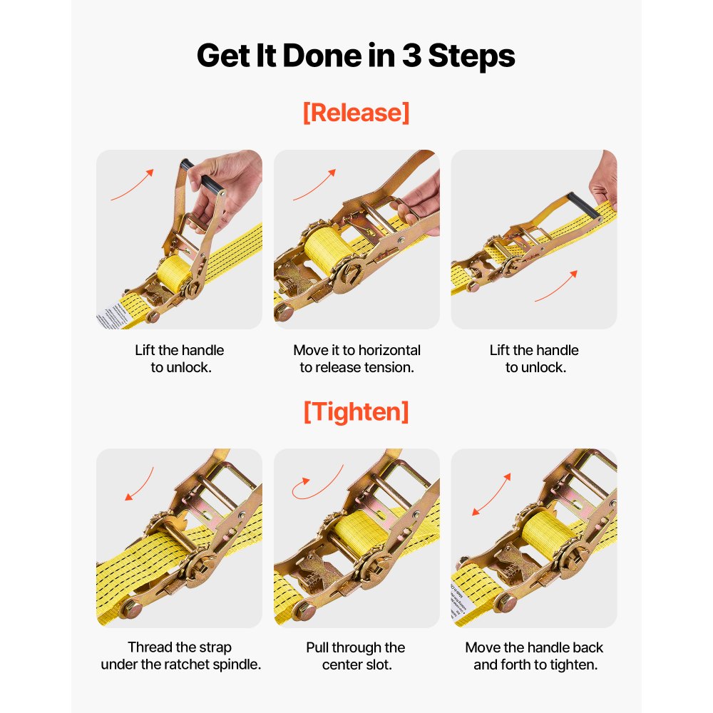 Correas de trinquete VEVOR, 2 pulgadas x 15 pies, correas de amarre resistentes con gancho doble en J, resistencia a la rotura de 5000 libras, bolsa de transporte, trinquete de amarre para mudanzas, remolques, motocicletas, kayaks, techo de automóvil, paquete de 6