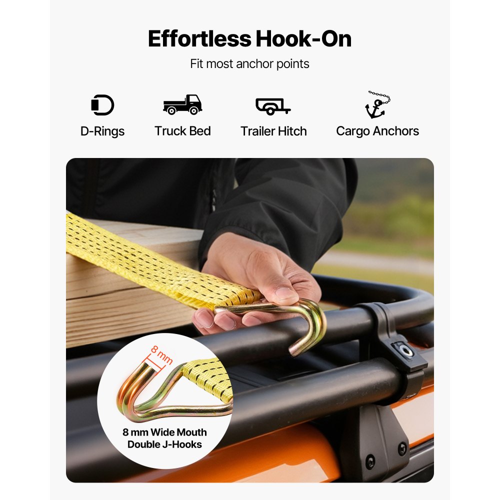 Correas de trinquete VEVOR, 5 cm x 4,5 m, correas de amarre resistentes con doble gancho en J, resistencia a la rotura de 2268 kg, bolsa de transporte, sistema de amarre con trinquete para mudanzas, remolques, motocicletas, kayaks, techos de automóviles, paquete de 6