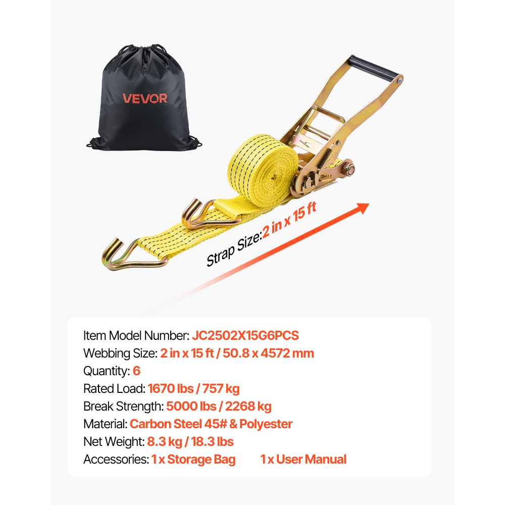 Correas de trinquete VEVOR, 5 cm x 4,5 m, correas de amarre resistentes con doble gancho en J, resistencia a la rotura de 2268 kg, bolsa de transporte, sistema de amarre con trinquete para mudanzas, remolques, motocicletas, kayaks, techos de automóviles, paquete de 6