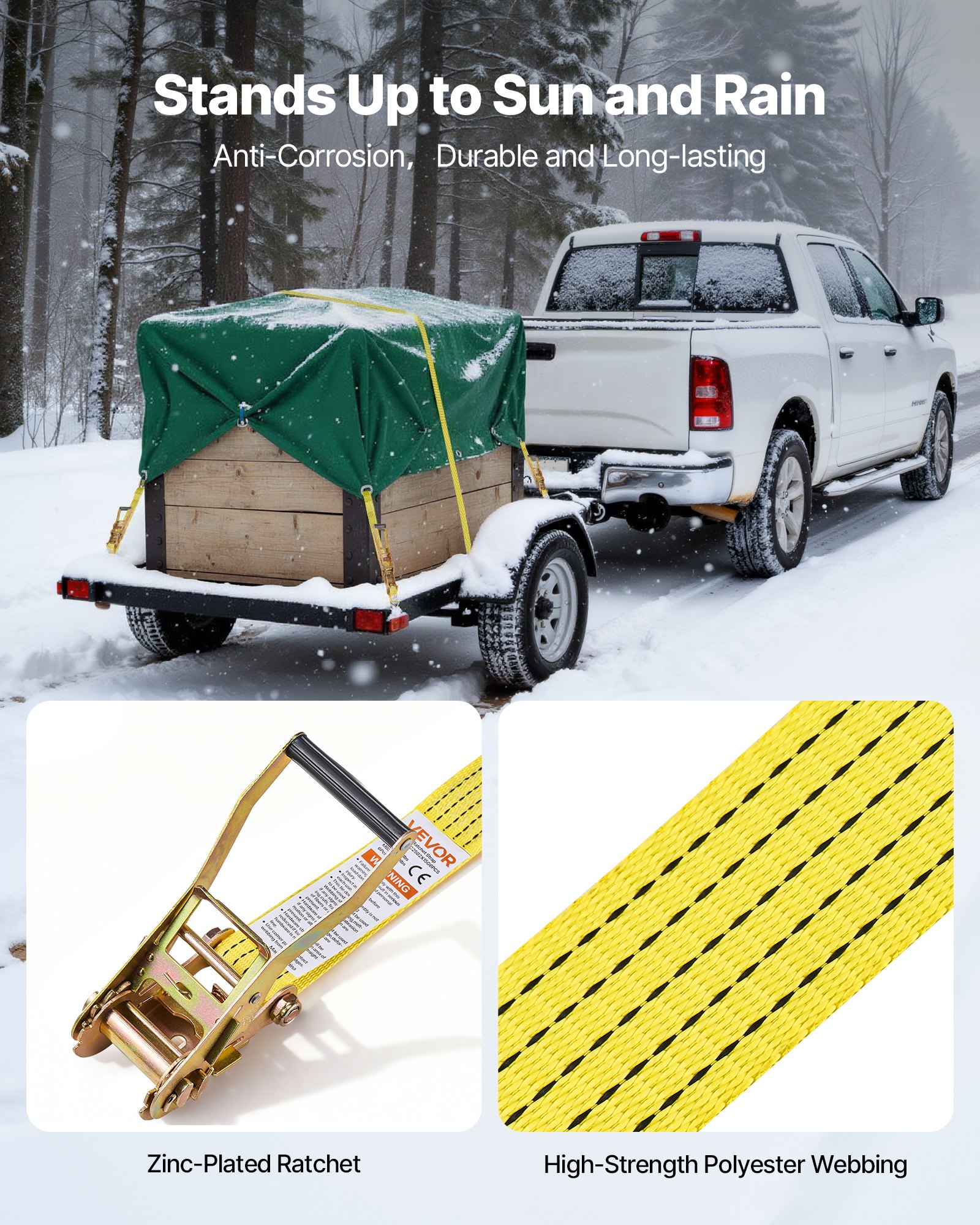 Correas de trinquete VEVOR, 2 pulgadas x 15 pies, correas de amarre resistentes con gancho doble en J, resistencia a la rotura de 5000 libras, bolsa de transporte, trinquete de amarre para mudanzas, remolques, motocicletas, kayaks, techo de automóvil, paquete de 6