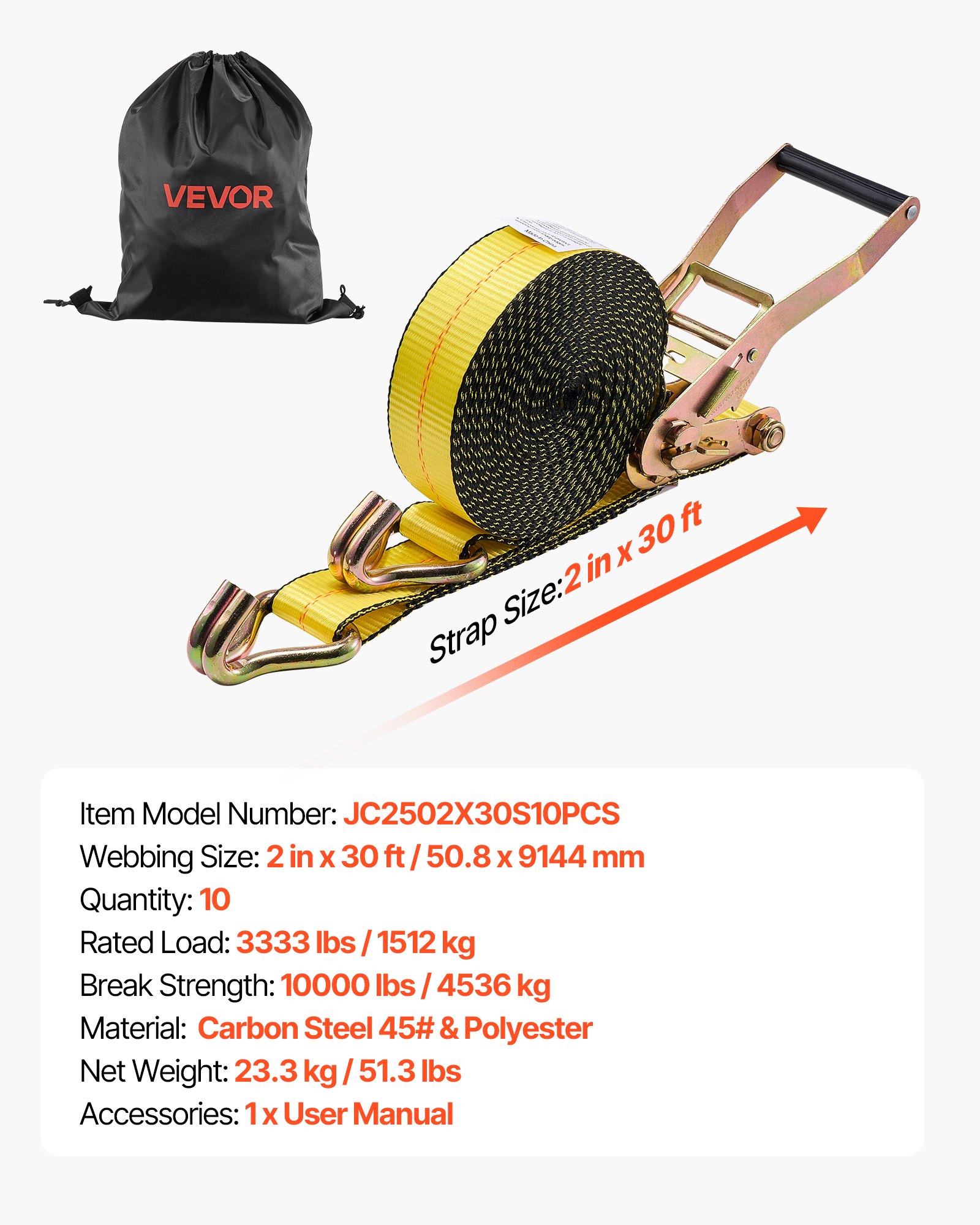 Correas de trinquete VEVOR, 2 pulgadas x 30 pies, correas de amarre resistentes con gancho doble en J, resistencia a la rotura de 10,000 libras, trinquete de amarre para mudanzas, remolques, motocicletas, kayaks, techo de automóvil, paquete de 10