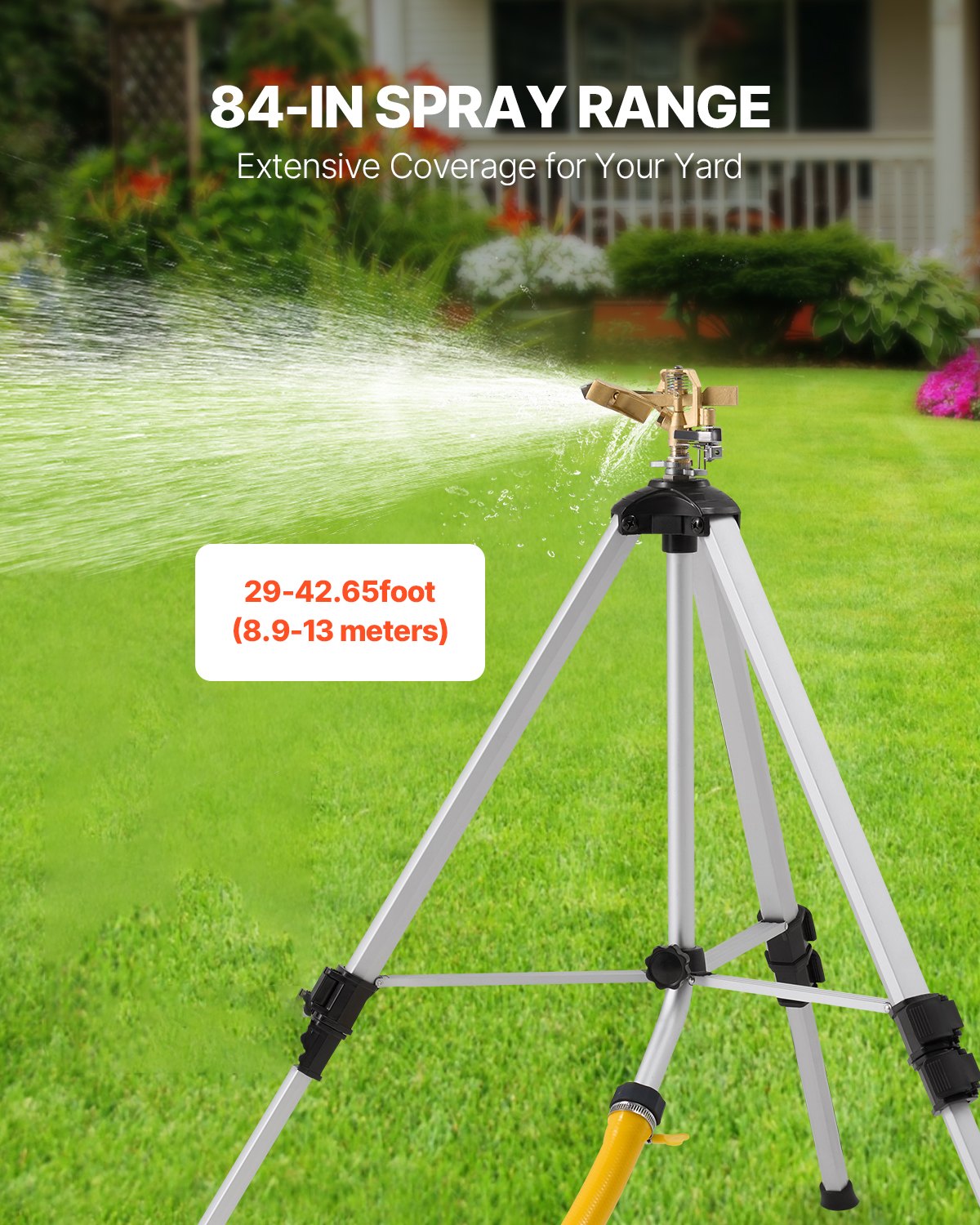 Aspersor de impacto VEVOR con base de trípode, resistente, con cabezal de latón y conector de 19 mm, cobertura de 360 grados para áreas extensas, altura ajustable para jardín, color gris.