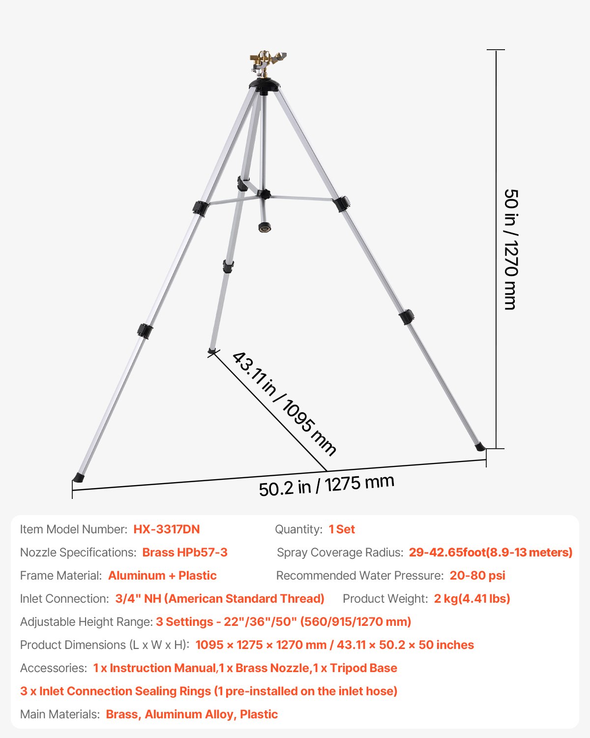 Aspersor de impacto VEVOR con base de trípode, resistente, con cabezal de latón y conector de 19 mm, cobertura de 360 grados para áreas extensas, altura ajustable para jardín, color gris.