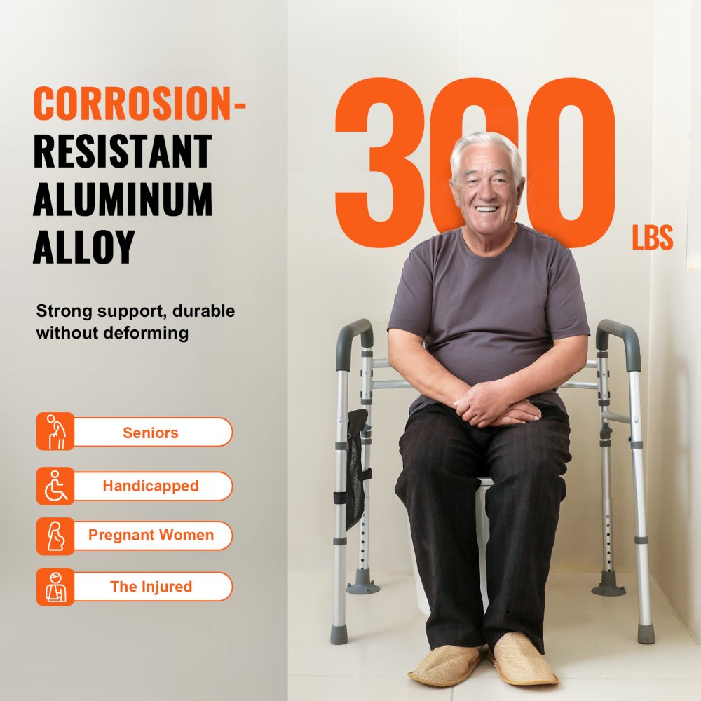 Barandilla de seguridad para inodoro VEVOR que soporta hasta 300 libras, fabricada en aluminio resistente a la corrosión, ideal para personas mayores, discapacitadas, mujeres embarazadas y lesionadas.