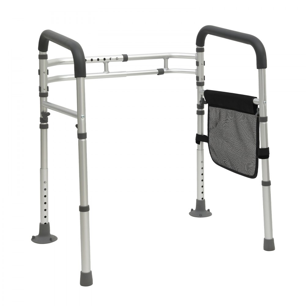 Barra de seguridad para inodoro VEVOR ajustable con asas acolchadas y bolsa de almacenamiento para apoyo en el baño.