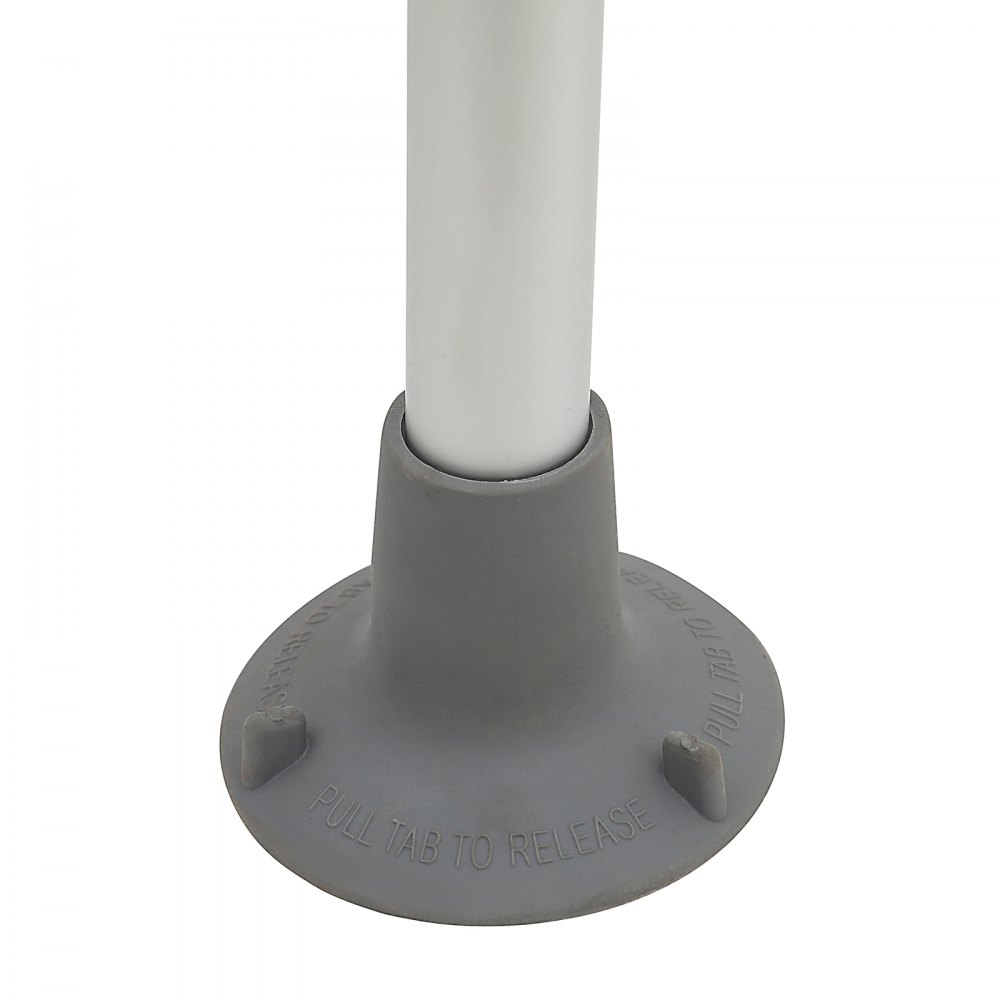 Base de succión gris del riel de seguridad para inodoro VEVOR con pestaña de tiro para liberar el mecanismo unido a un poste blanco.