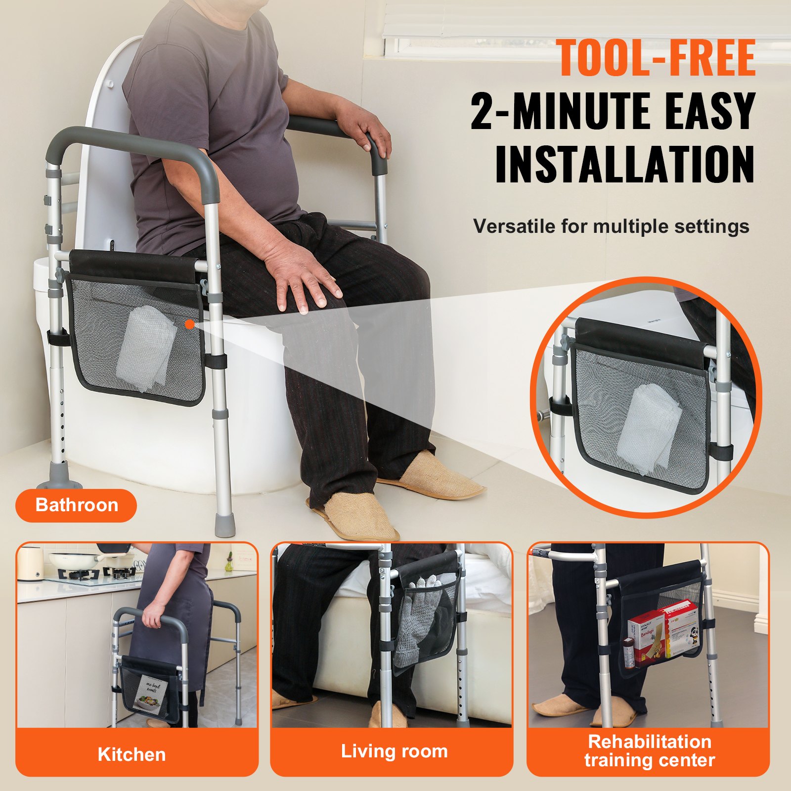 Hombre usando el pasamanos de seguridad para inodoro VEVOR en el baño, instalación sin herramientas. También se muestra en la cocina, la sala de estar y el centro de entrenamiento de rehabilitación.