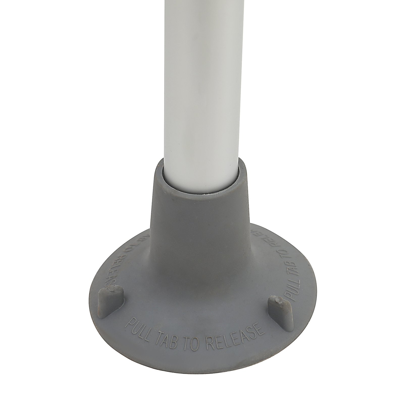 Base de succión gris del riel de seguridad para inodoro VEVOR con pestaña de tiro para liberar el mecanismo unido a un poste blanco.