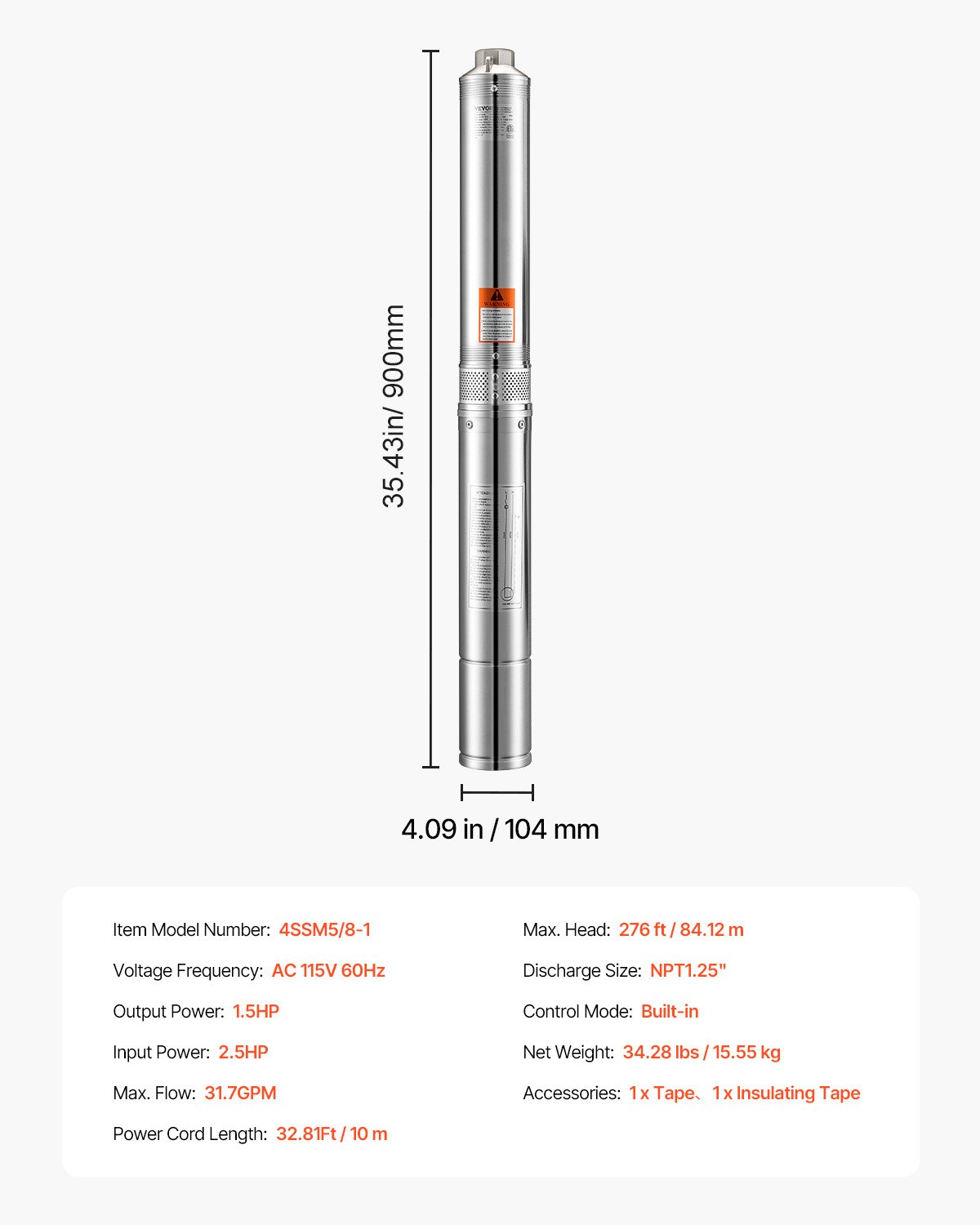 Bomba sumergible para pozos profundos VEVOR, 1,5 HP, 115 V, caudal de 31,7 GPM, altura de elevación de 84 m, cable de 10 m, acero inoxidable, para uso industrial, de riego y doméstico, grado de impermeabilidad IP68.