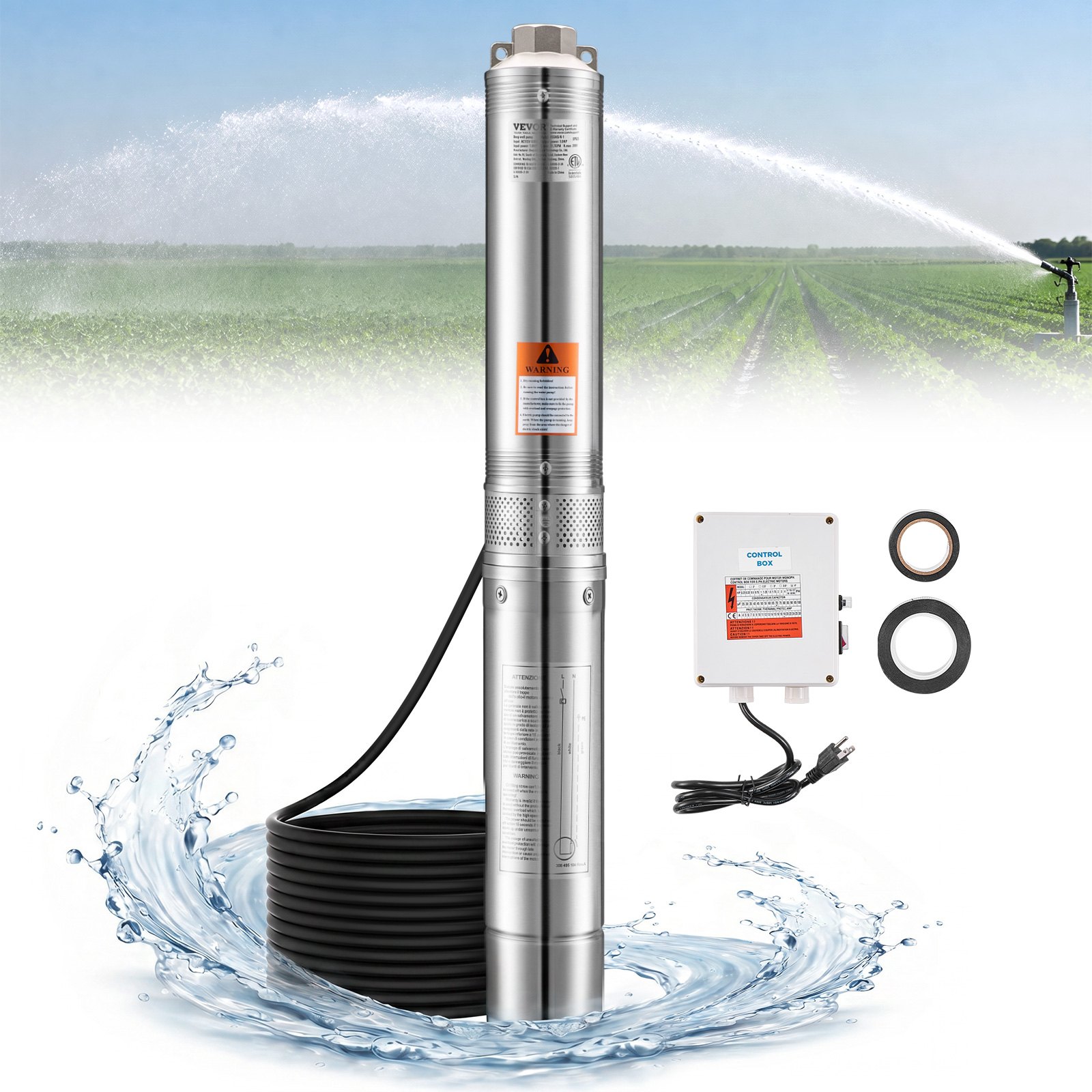 Bomba sumergible para pozo profundo VEVOR, 1 HP de potencia, 115 V, caudal de 31,7 GPM, altura de elevación de 207 pies, con cable de 32,81 pies y caja de control externa, de acero inoxidable, para riego industrial y doméstico, IP68