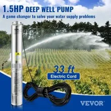 VEVOR Bomba sumergible de pozo profundo, 1.5HP 230V/60Hz, 37gpm 276ft Head, con cable eléctrico de 33ft, bombas de agua de acero inoxidable de 4" para uso industrial, riego y hogar, grado impermeable IP68