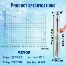 VEVOR Bomba sumergible de pozo profundo, 1.5HP 230V/60Hz, 37gpm 276ft Head, con cable eléctrico de 33ft, bombas de agua de acero inoxidable de 4" para uso industrial, riego y hogar, grado impermeable IP68