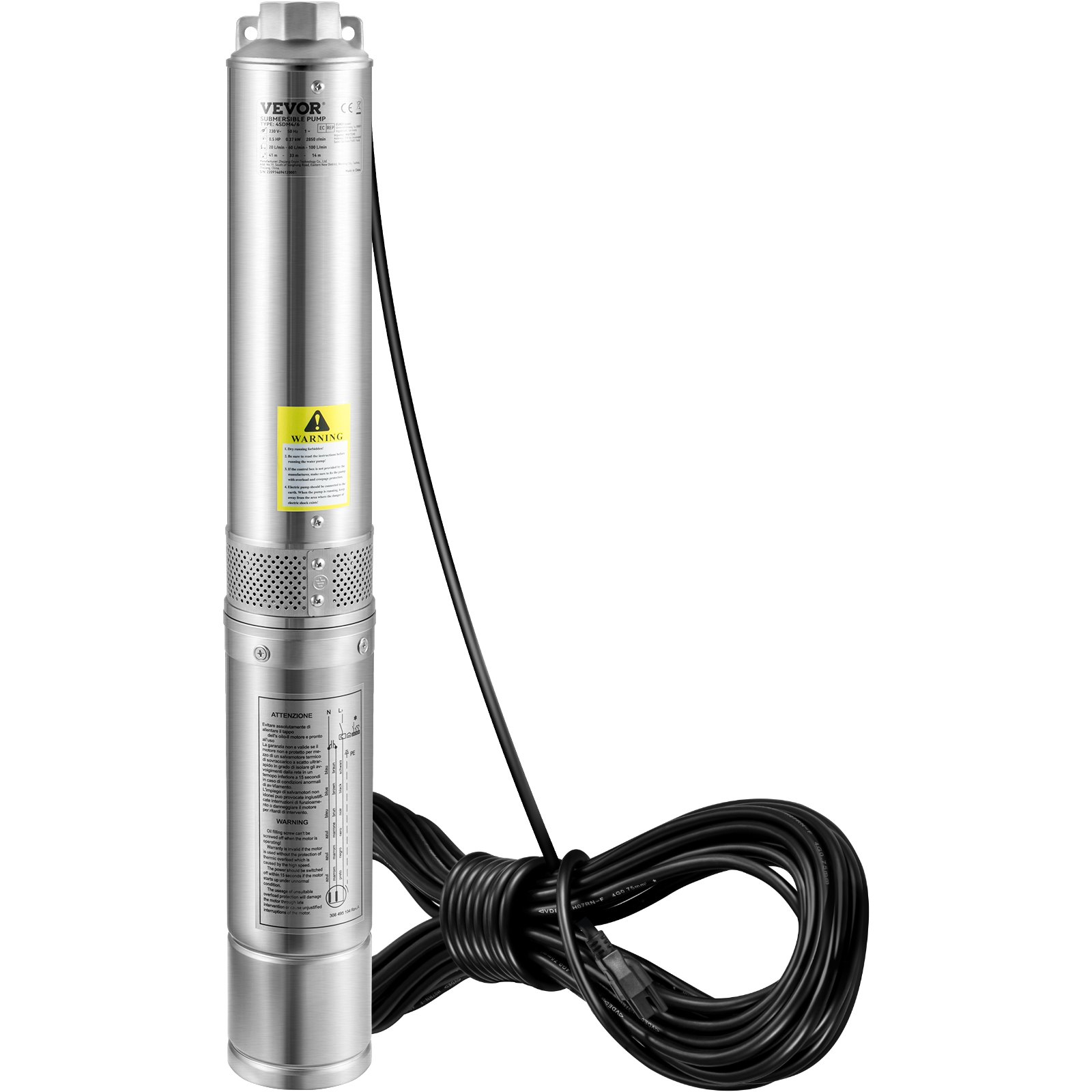 Bomba sumergible para pozo profundo VEVOR, 1 HP, 230 V/60 Hz, caudal de 37 gpm, altura de elevación de 207 pies, con cable eléctrico de 33 pies, bomba de agua de acero inoxidable de 4 pulgadas para uso industrial, riego y doméstico, grado de impermeabilidad IP68