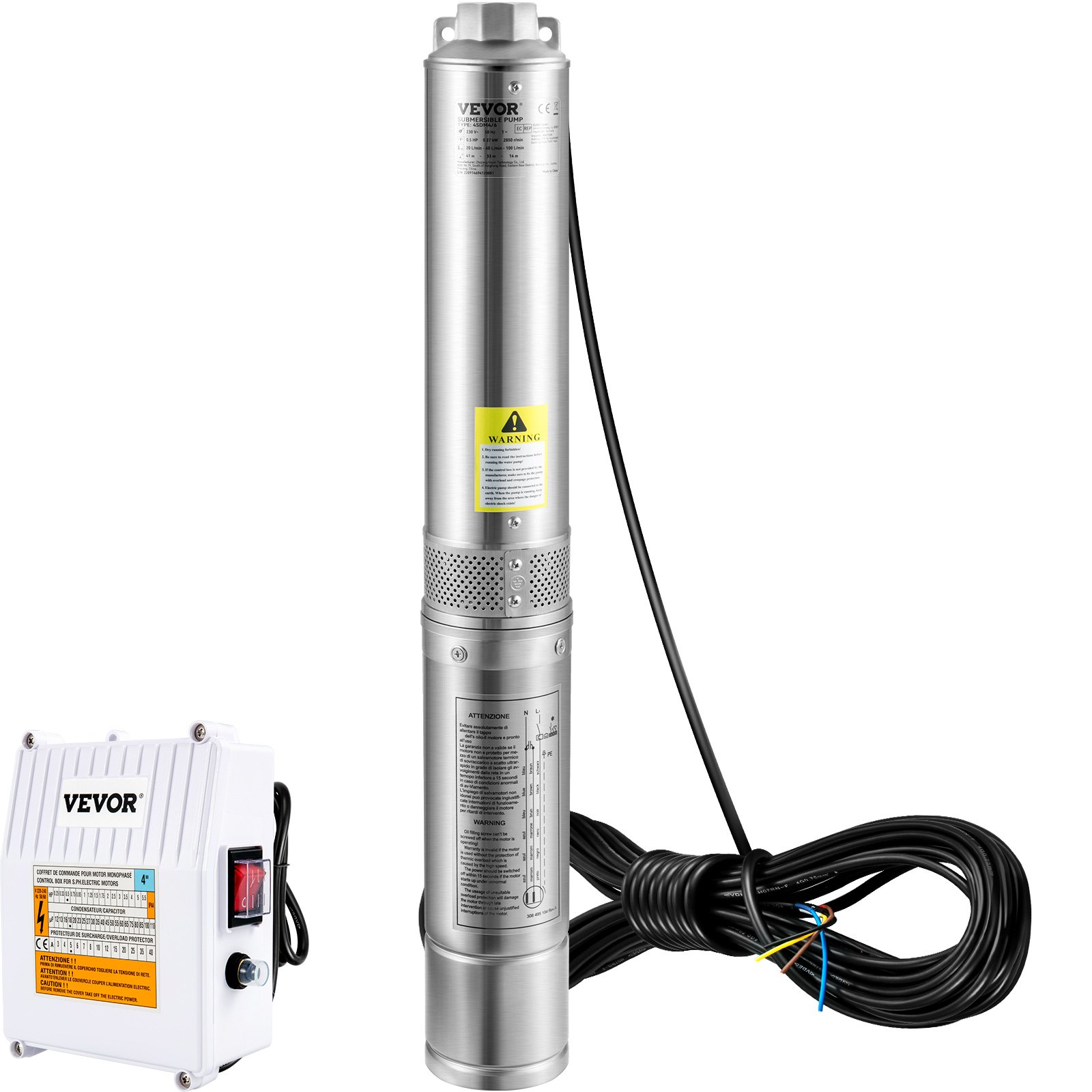Bomba sumergible para pozo profundo VEVOR, 2 HP, 230 V/60 Hz, 37 GPM, 427 pies de altura, con cable de 33 pies y caja de control externa, bombas de agua de acero inoxidable de 4 pulgadas para uso industrial, de riego y doméstico, resistente al agua IP68.