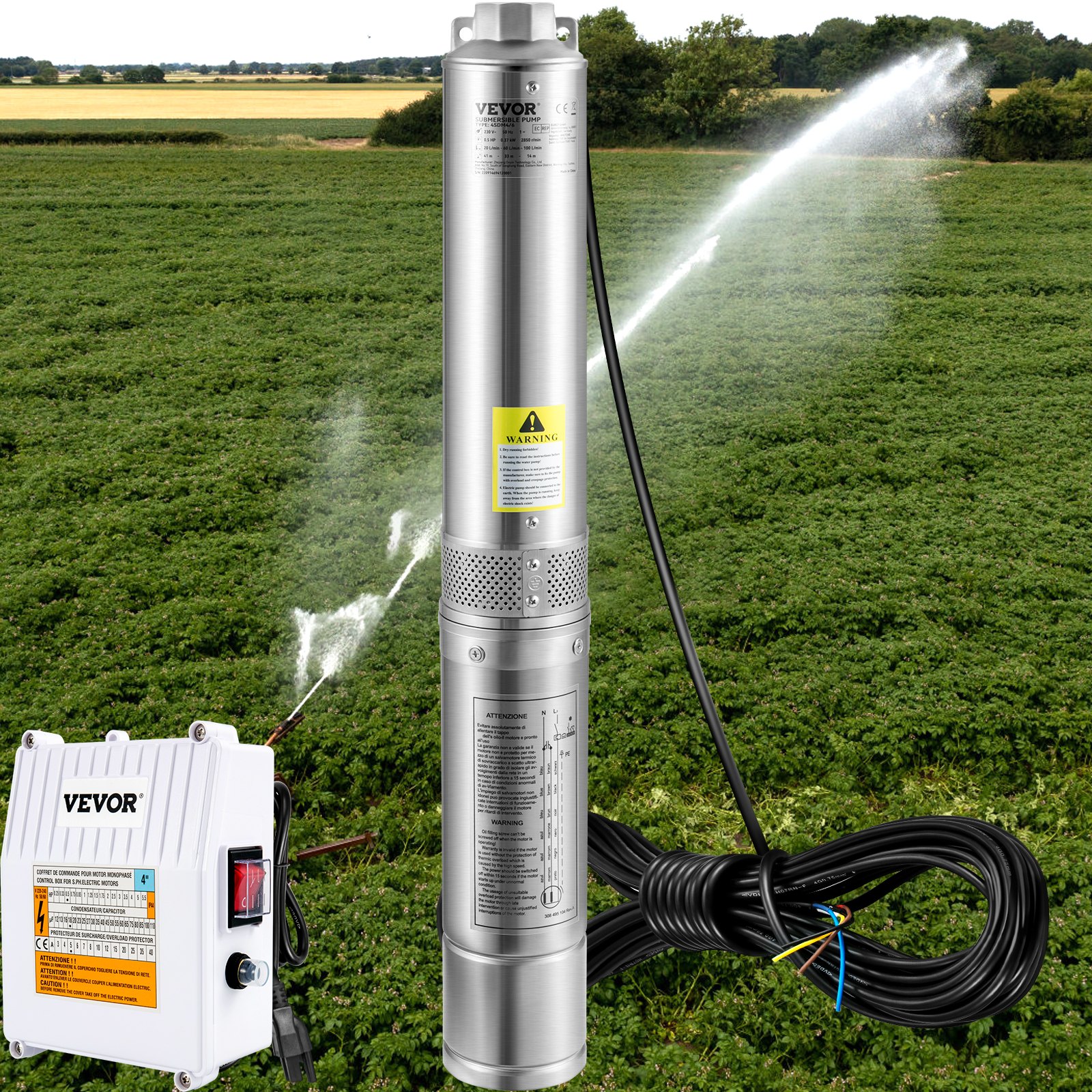 Bomba sumergible para pozo profundo VEVOR, 2 HP, 230 V/60 Hz, 37 GPM, 427 pies de altura, con cable de 33 pies y caja de control externa, bombas de agua de acero inoxidable de 4 pulgadas para uso industrial, de riego y doméstico, resistente al agua IP68.
