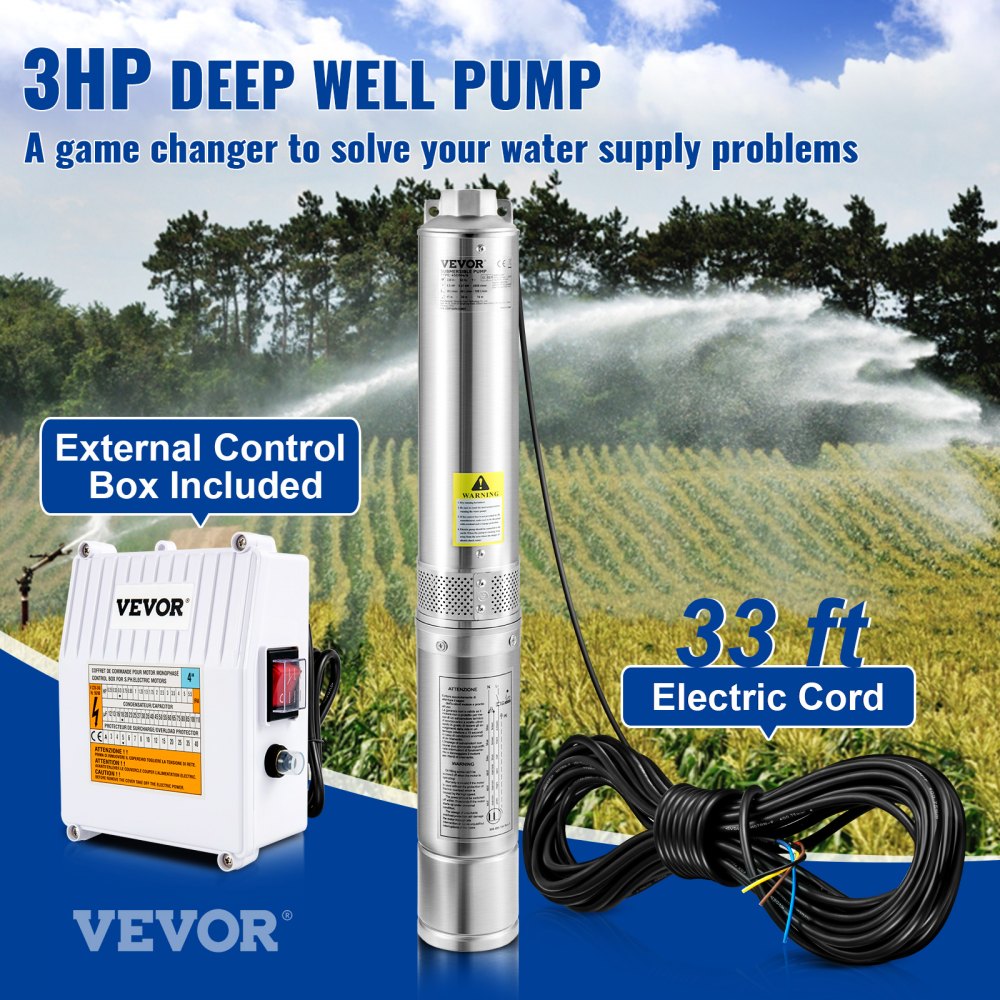 Bomba sumergible para pozo profundo VEVOR, 3 HP, 230 V/60 Hz, 37 GPM, 640 pies de altura, con cable de 33 pies y caja de control externa, bombas de agua de acero inoxidable de 4 pulgadas para uso industrial, de riego y doméstico, resistente al agua IP68.