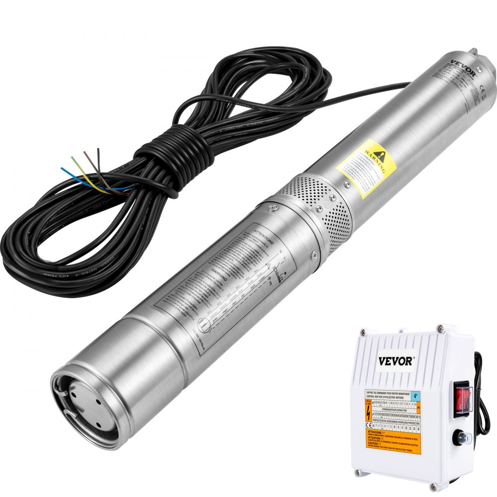 Bomba sumergible para pozo profundo VEVOR, 3 HP, 230 V/60 Hz, 37 GPM, 640 pies de altura, con cable de 33 pies y caja de control externa, bombas de agua de acero inoxidable de 4 pulgadas para uso industrial, de riego y doméstico, resistente al agua IP68.